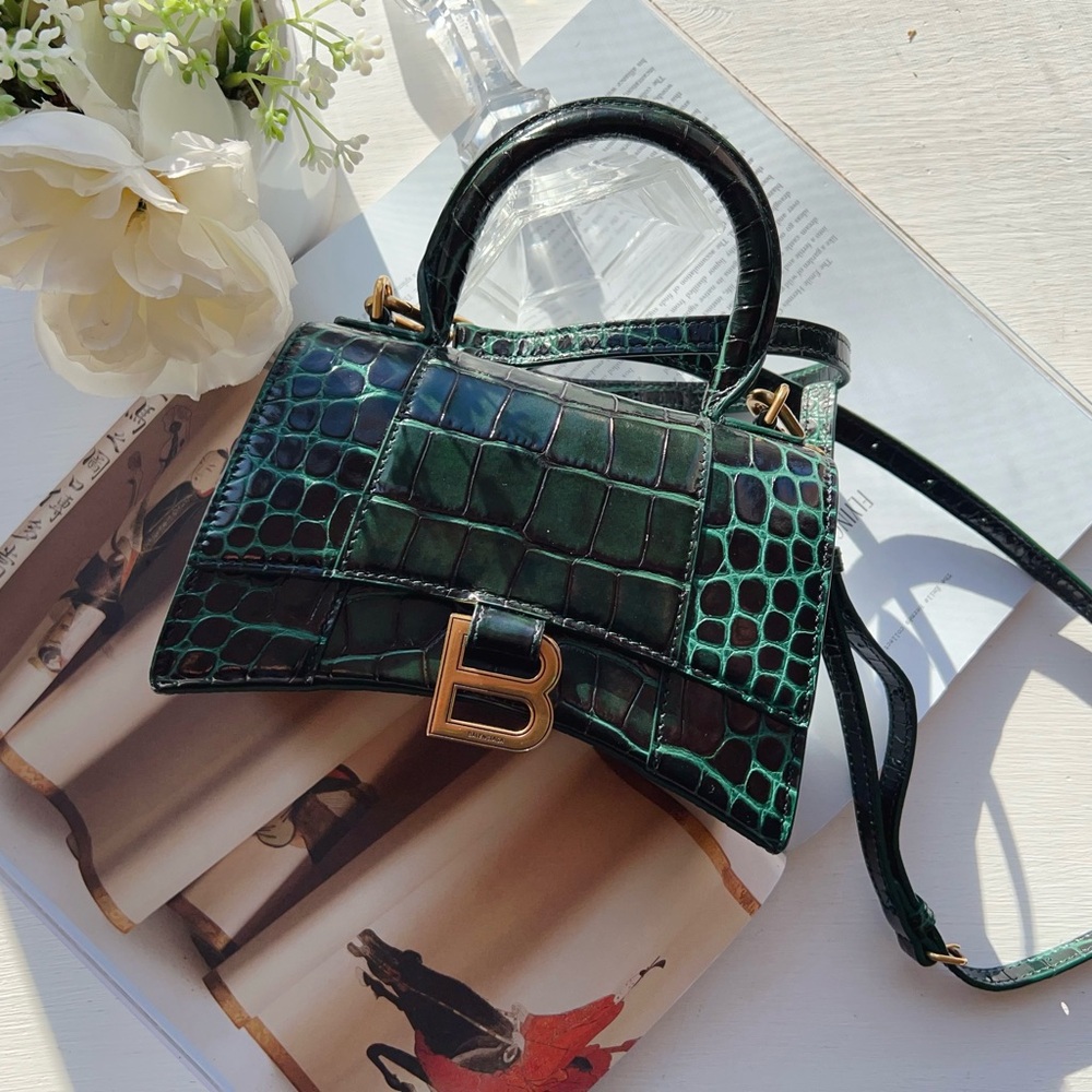 Balenciaga Green Croc Embossed Leather XS Hourglass Top Handle Bag